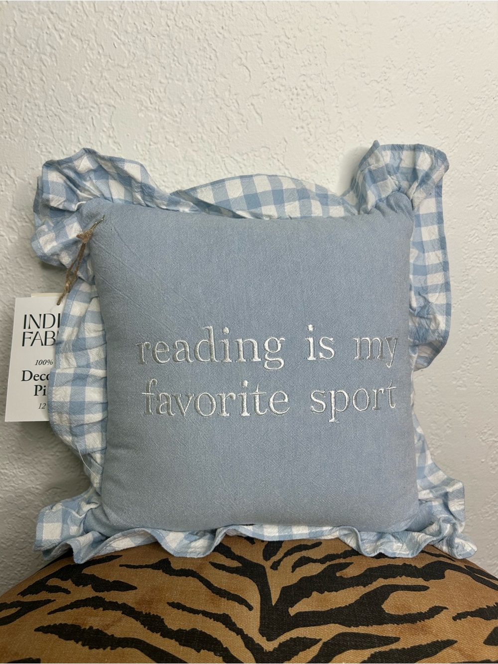 Indigo Fables Reading Is My Favorite Sport Blue Plaid Gingham Decorative Pillow